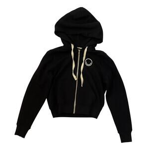 NWT FOR DAYS Terry Logo Cropped Full Zip Hoodie - Black - Smiley Face - Size S